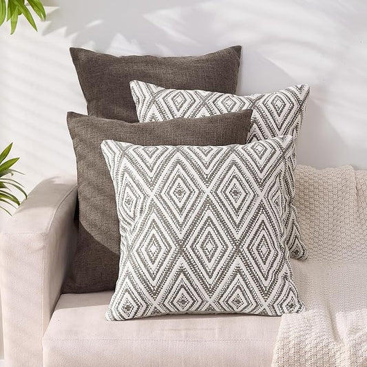 HPUK Throw Pillow Covers 18x18, Set of 4, Natural Couch Pillow Covers | Polyester fabric, patterned and solid designs, hidden zippers, machine washable, for sofas and beds, inserts not included