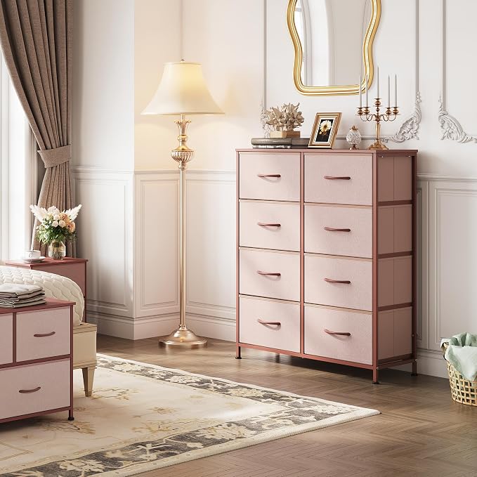 WLIVE Fabric Dresser for Bedroom, Tall Dresser with 8 Drawers, Storage Tower with Fabric Bins, Double Dresser, Chest of Drawers for Closet, Playroom, Dormitory, Pink and Rose Gold | Pink 8-drawer tall storage tower with fabric bins and wood tabletop, b...