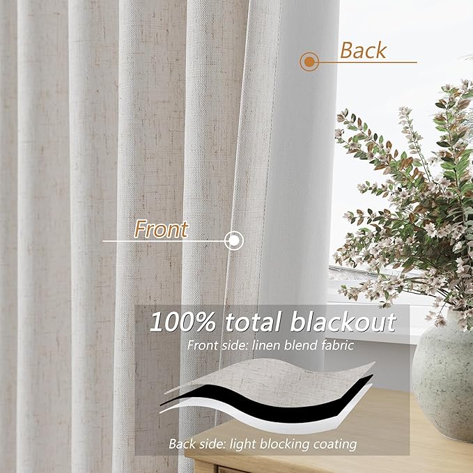 Light Beige Extra Long 100% Blackout Curtains 120 Inch Length 2 Panels Set for Living Room Bedroom Back Tab Thermal Insulated Black Out Linen Drapes Room Darkening Window Curtain, 52x120