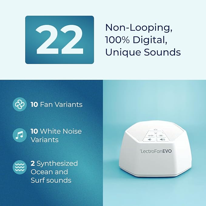 Adaptive Sound Technologies LectroFan EVO Sound Machine, White | Non-Looping Sound Machine for Sleep with Soothing Noise, Convenient Sleep Timer, Lightweight Build, USB Powered
