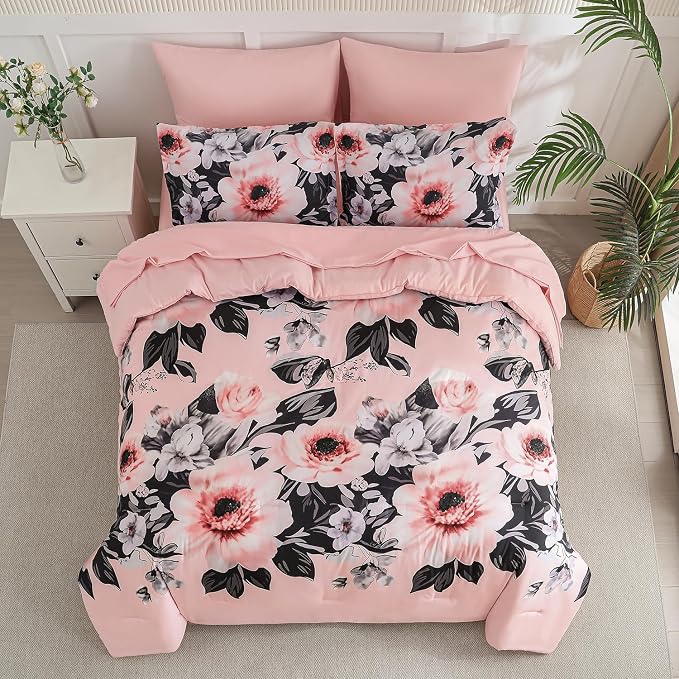 Yogeneg King Size Comforter Set 7 Piece Bed in a Bag,Pink Black Floral Botanical Pattern Blush Bedding Set,Soft Microfiber Comforter with Sheet Set,All Season Bed Set(Pink Black,King)