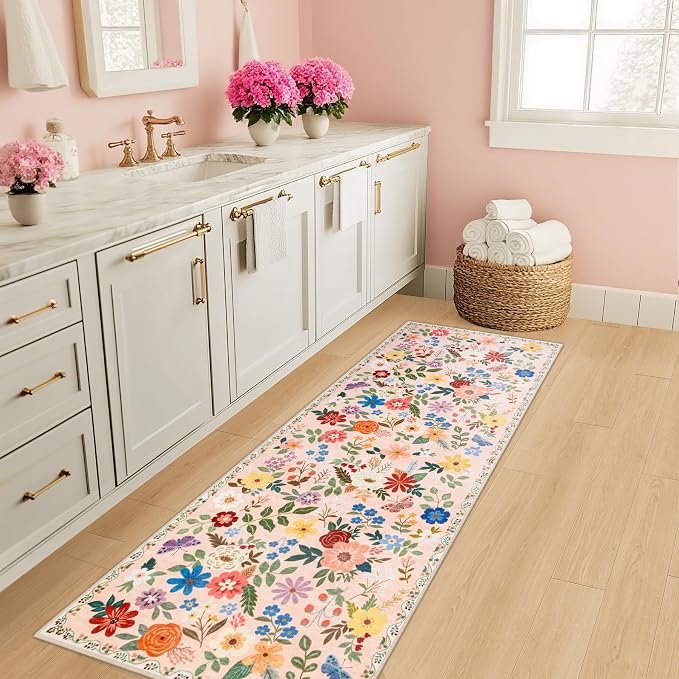 PLHXFR 2.6x8 Washable Runner Rug：Floral Indoor Kitchen Soft Carpet Beige | For Hallway Bedroom Kitchen Laundry Bathroom Dorm,Vintage Floral,Machine washable,Non Slip,Stain Resistant,Indoor Floor
