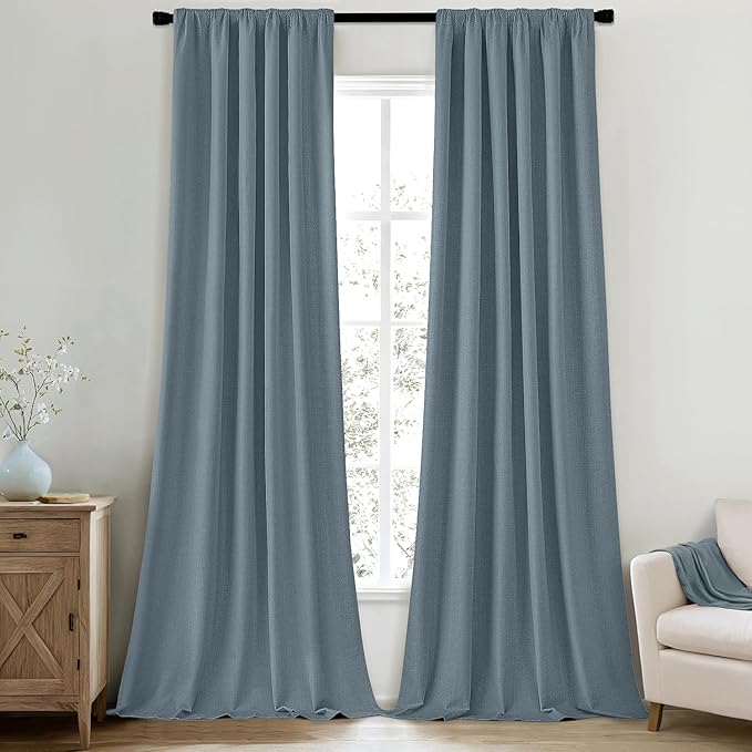 MIULEE 100% Blackout Back Tab Pleat Linen Curtains 50" Wx96 L,Stone Blue | 2 Panels,Thick Faux Linen,Floor to Ceiling,with Hooks,for Bedroom Living Room,Black Out,Room Darkening