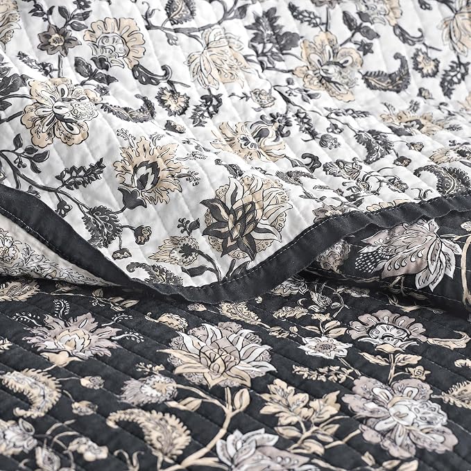 EverGrace 100% Cotton Floral Quilt Set, King Size, Dark Charcoal 108"×96" | Reversible Lightweight Bedspread Coverlet, Vintage Floral Farmhouse Bedding, Traditional Botanical Quilt with 2 Pillow Shams