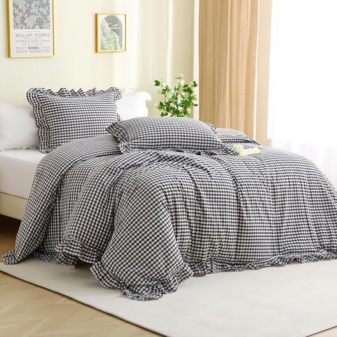 Silnuo Black/White Gingham Plaid Ruffle 3-Piece Duvet Cover Set Twin Size | 100% Washed Cotton Shabby Checkered Bedding Set Farmhouse Comforter Cover Set(Twin,Black/White)