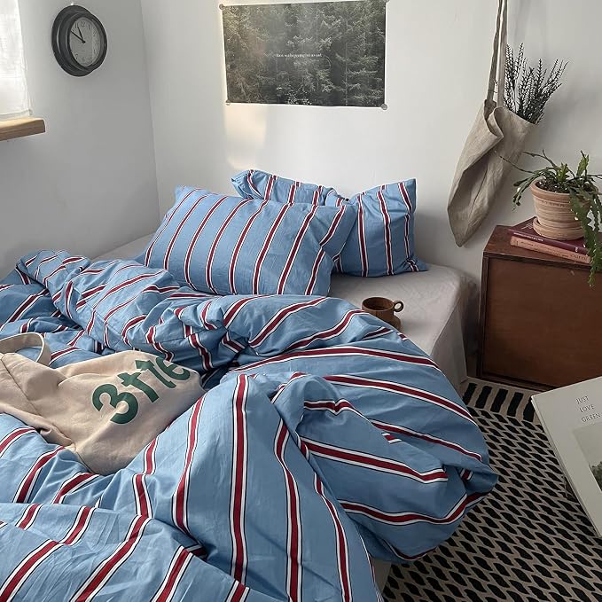 mixinni Vintage Striped Blue Duvet Cover King - 100% Cotton Red Stripes 3-Piece Bedding Duvet Cover Set with Zipper Closure, Soft & Breathable Retro Design for All Seasons (King Size)
