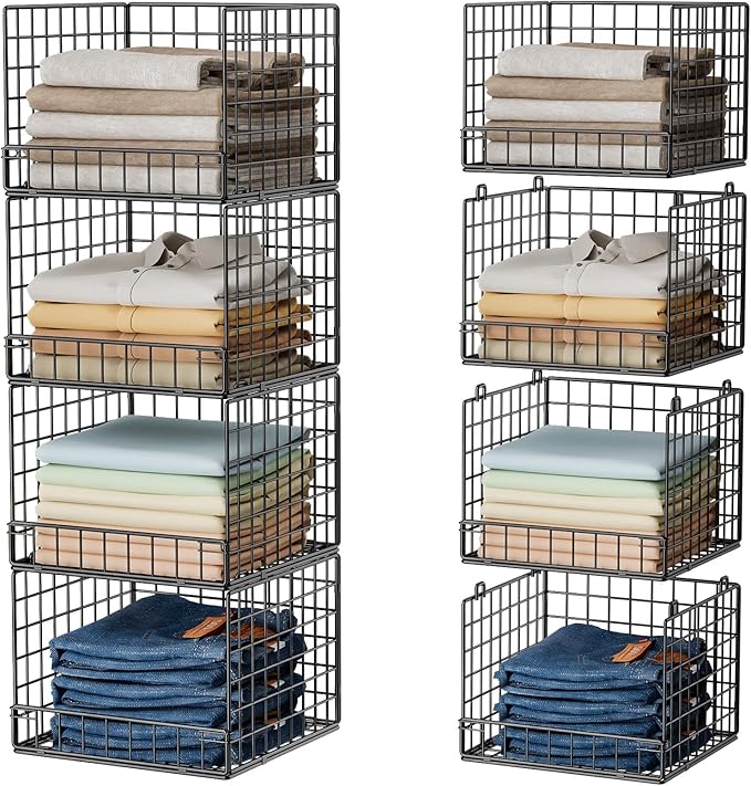 Stackable Closet Organizers and Storage Baskets, 4-Tier Closet Shelf Organizer , Space-Saving Clothes Storage Drawer, Foldable Clothes Storage Bins for Closet Organizer System, Black(Patent 30022416)