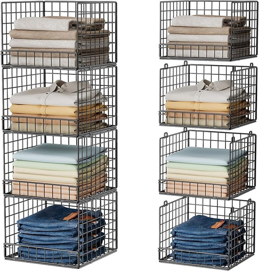 Stackable Closet Organizers and Storage Baskets, 4-Tier Closet Shelf Organizer , Space-Saving Clothes Storage Drawer, Foldable Clothes Storage Bins for Closet Organizer System, Black(Patent 30022416)