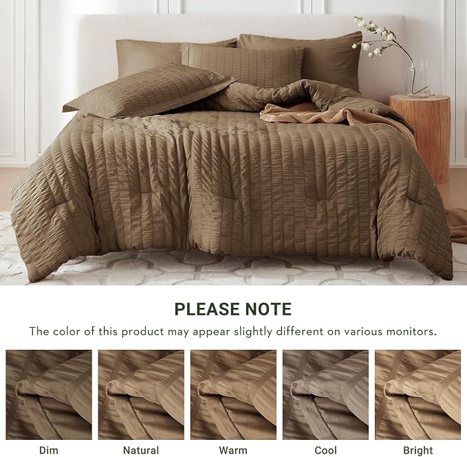 7 Pieces Oversized Queen Comforter Set, Seersucker Bed in a Bag Oversized Queen Size, All Season Luxury Bedding Set with Comforter, Flat Sheet, Fitted Sheet, Pillowcases & Shams, Brown