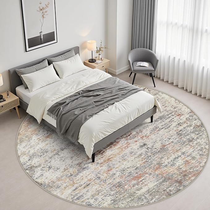 Round Area Rug Living Room: 4 ft Modern Washable Carpet Taupe | For Bedroom Dining Room Farmhouse Nursery Hallway Office,Modern Abstract,Machine washable,Non-Slip,Stain Resistant,Indoor