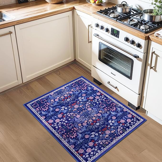 PLHXFR 2x3 Small Entryway Rug: Floral Washable Indoor Soft Carpet Blue | For Entrance, Bedroom, Kitchen, Laundry, Bathroom,Door Mat,Vintage Floral,Machine washable,Non-Slip,Stain Resistant,Indoor