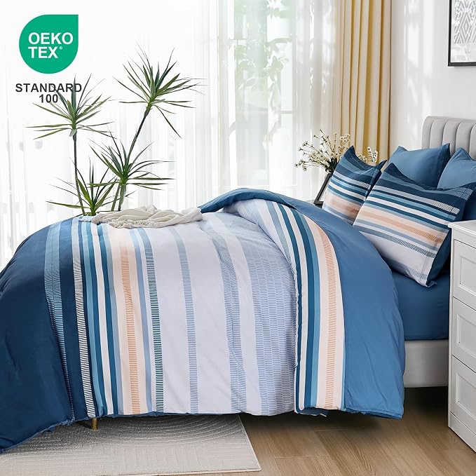 Dobuyly Blue King Size Comforter Set 7 Pieces, Boho Striped Bed in a Bag Soft Microfiber All Season Bedding Set with Comforter, Sheets, Pillowcases & Shams
