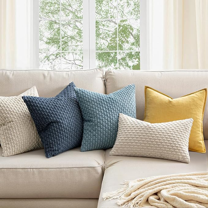 MIULEE Decorative Throw Pillow Covers 16x16 Cream White Textured Corduroy | Pack of 2 Striped Pillow Covers Modern Farmhouse Home Decor for Couch Bed Sofa Living Room