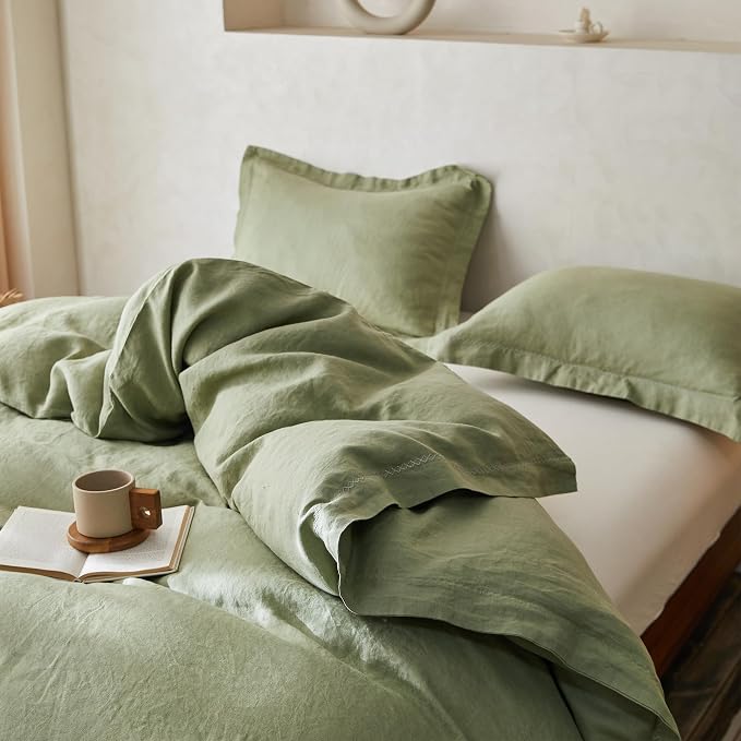 Simple&Opulence 100% Linen Duvet Cover Set with Crossed Embroidery Washed - 3 Pieces (1 Duvet Cover with 2 Pillow Shams) Soft Breathable Farmhouse - Sage Green, Queen Size