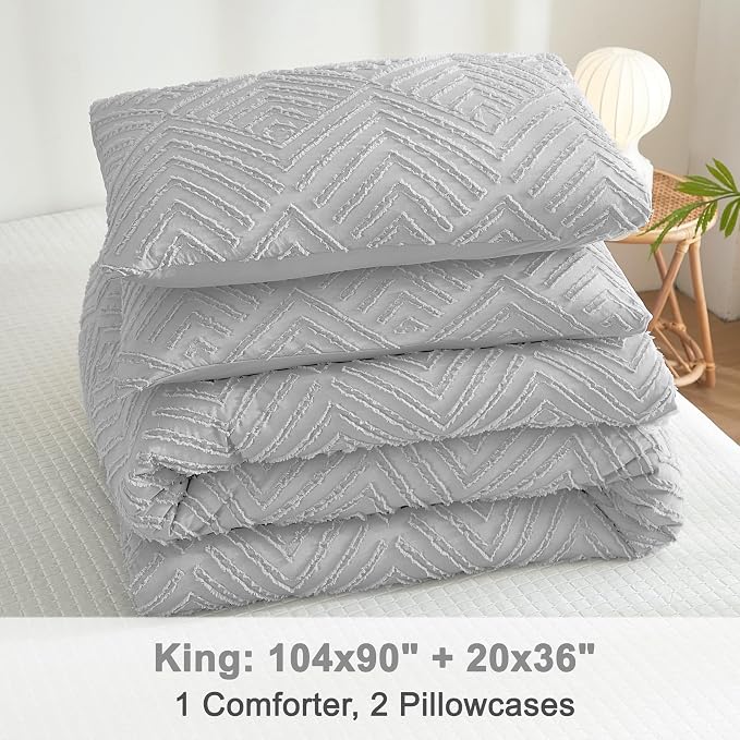Litanika King Size Comforter Set, 3 Pieces Tufted Boho Bedding Set | Light Grey Farmhouse Shabby Chic Vintage Bohemian Textured Aesthetic Soft Fluffy Lightweight Breathable All Season Bed Set
