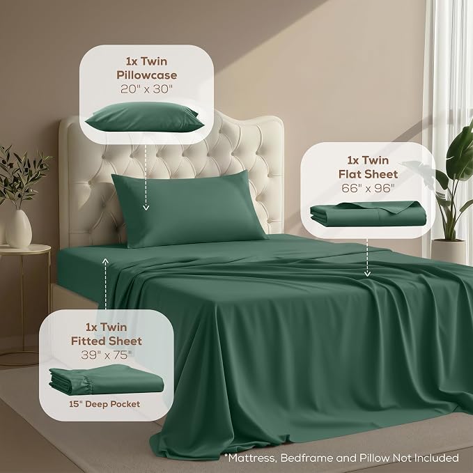 Twin Sheet Set, 3 Pieces 16" Deep Pocket Hotel Luxury Sheets, Emerald Green | Extra Soft Bedsheet Set, Comfy & Breathable Cooling Sheets, Wrinkle & Fade Resistant, Fitted Sheet, Flat Sheet, 1 Pillowcase