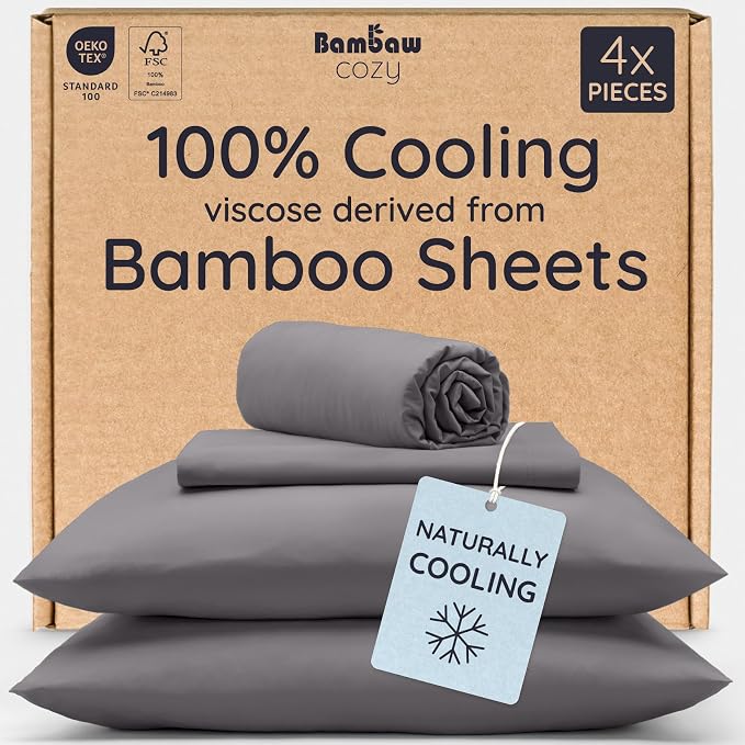 Bambaw 100% Viscose Derived from Bamboo Sheets California King Size Set – 4pcs Cooling Sheets For Night Sweats, Extra Soft Sheet Set, Deep Pocket Fits Up to 16'' With Elastic Corner Straps (Dark Gray)