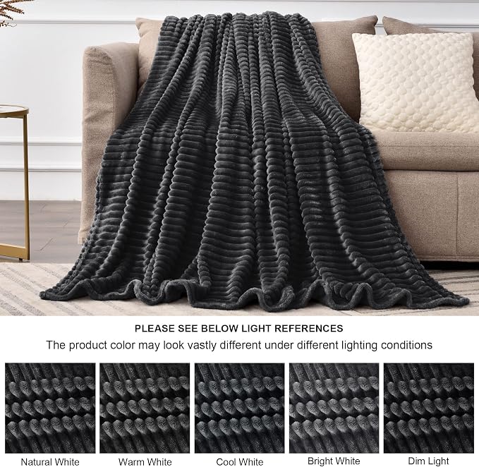 BEDELITE 3D Ribbed Jacquard Black Blankets Queen Size for Bed, 90x90 Inch | Soft Warm Decorative Fluffy Blanket, Cozy Fuzzy Lightweight Plush Fleece Throw Blankets for Bed, Room Decor, Gift for Women