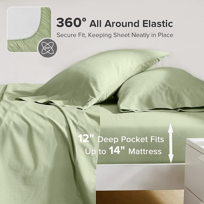 Comfort Spaces 100% Cotton Percale Sheets Twin XL Size 3 Piece, Sage Green | Crisp, Cool & Breathable Bed Sheets, 12" Deep Pocket Fits Up to 14" Mattress, Lightweight, All Season Cozy, with Pillow Case