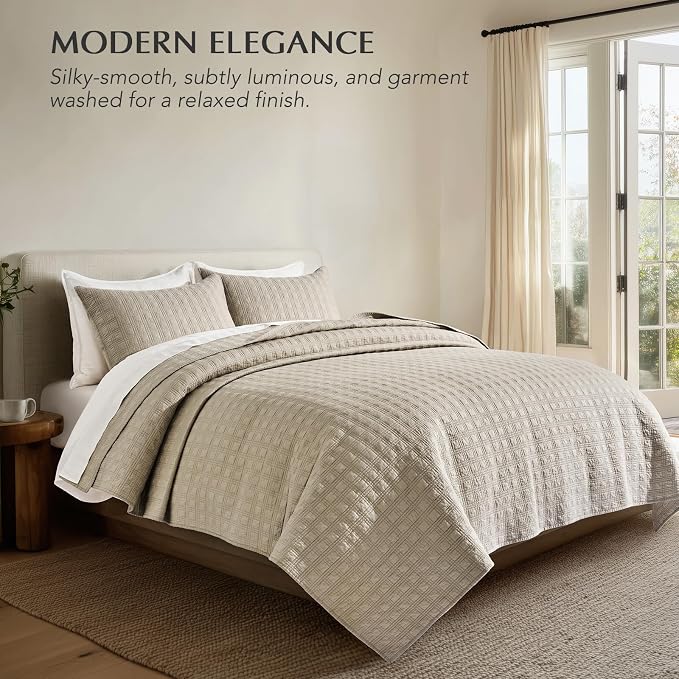 EVERGRACEHOME Cotton Sateen Windowpane Quilt Set Queen Size, Light Taupe | 100% Cotton, Pre-Washed Soft Coverlet Bedspread, 3-Piece Lightweight Bedding Set for All Season, with 2 Pillow Shams