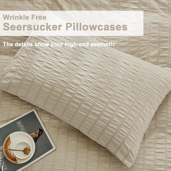 AveLom Beige Seersucker Duvet Cover Set Full Size (80 x 90 inches), 3 Pieces (1 Duvet Cover + 2 Pillow Cases), Ultra Soft Washed Microfiber, Textured Duvet Cover with Zipper Closure, Corner Ties