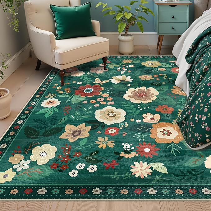 RELEANY Floral Washable 4x6 Area Rugs DarkGreen | Flower Carpet, Print, Boho, Non-Slip, Easy to Clean, Soft, Low Pile for Living Room Bedroom Kitchen Office Entryway Hallway