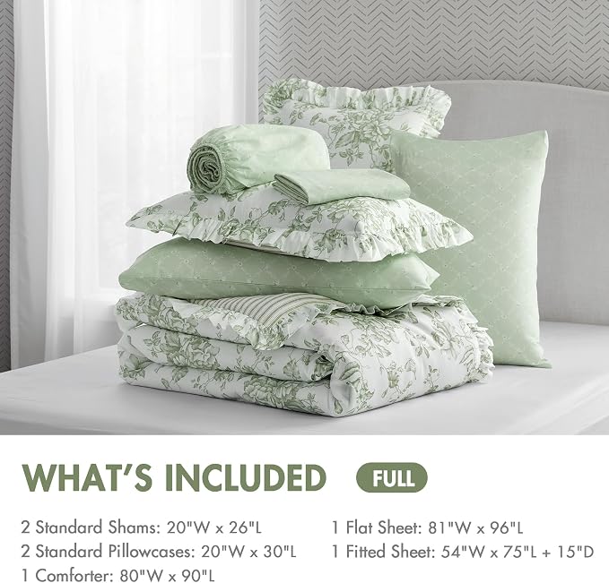 Madison Park Essentials Green Floral Comforter Set with Sheets Full,7pc | Vintage, Ruffle Bed in a Bag, Reversible, Elegant Bedding Set, All Season, Machine Washable, Wrinkle Resistant, Ultra Soft