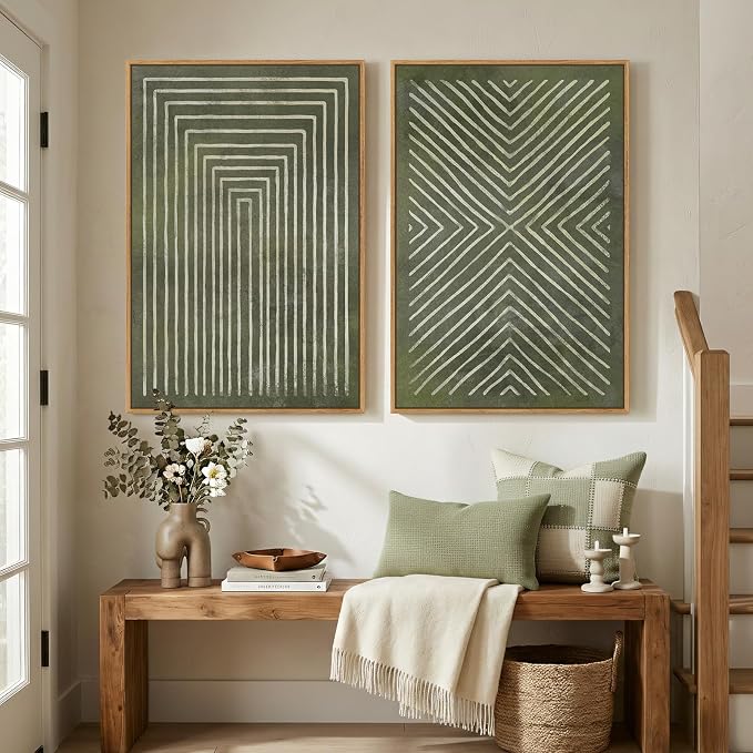Large Framed Green Abstract Wall Art for Living Room Set of 2, 24x36 In | 2 Piece, Canvas prints, Sage green artwork, Modern minimalist paintings, Geometric pictures, Dining room bedroom wall decor
