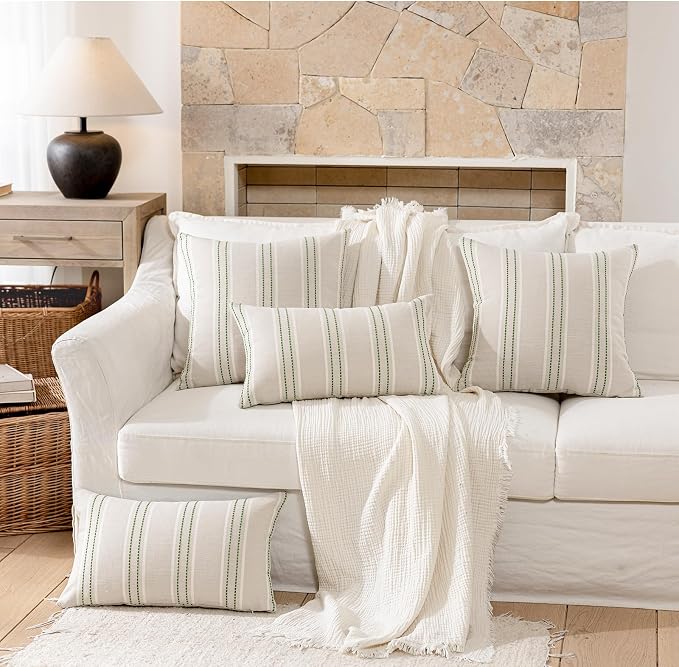 Hckot Striped Throw Pillow Covers 12x20 Set of 2 Grass Green Pillow Covers | Farmhouse Decorative Pillows Textured Linen Square Cushion Covers for Sofa Couch Bed Living Room Decor(Grass Green)