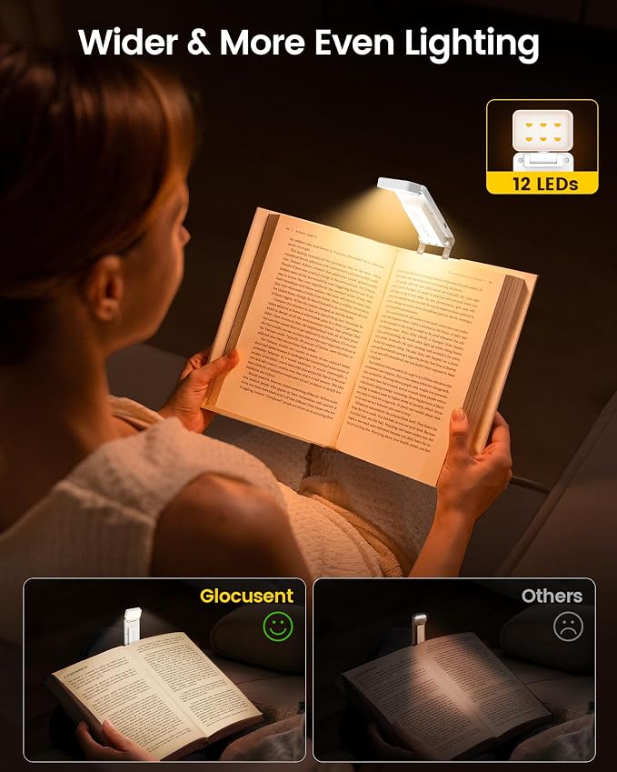 Glocusent Eye-Caring 12 LED Book Light, Compact Rechargeable Reading Light | Wide Full-Page Lighting, 5 Colors & 5 Brightness, Eye-Caring Bed Reading, Up to 100Hrs, Book Lovers, USB-C Rechargeable