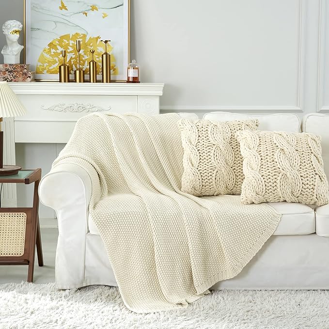 Chunky Cable Knit Throw Blanket Lightweight Cream 100% Organic Cotton Blanket for Sofa Couch Bed Baby Nursery, Rustic Shabby Chic Modern Farmhouse, 60” x 80” Give Laundering Bag