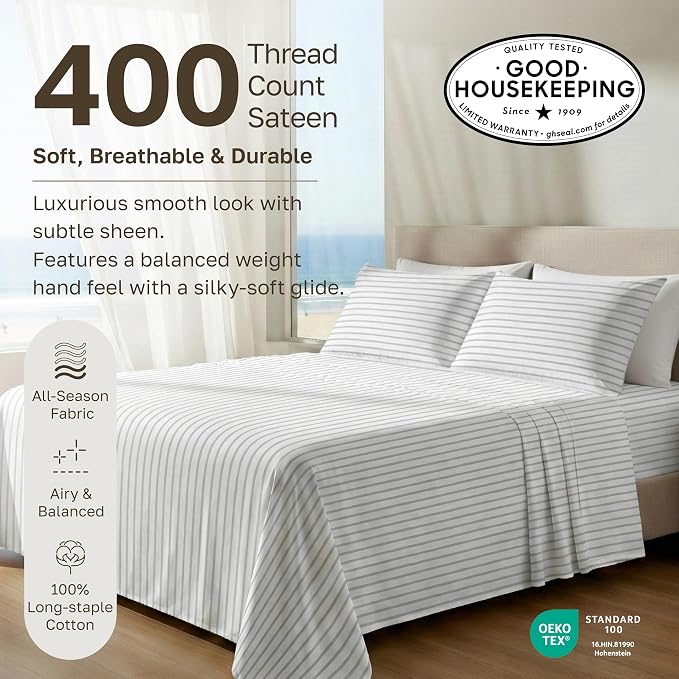 California Design Den Soft 100% Cotton Cal King Bed Sheets Set | 400 Thread Count Backed by Good Housekeeping Seal, 16" Deep Pocket, All-Around Elastic, Durable, Easy Care - Pinstripe Print