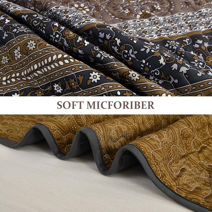 WONGS BEDDING Boho Quilt King Size,3 Pcs Bedspread Set, Brown | Colorful Bohemian Striped Printed Bedding for All Season, Lightweight Microfiber Coverlet Set with 2 Pillowcases(104"x90")
