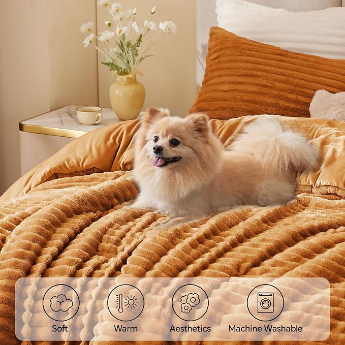 BEDELITE Fleece King Comforter Set, Fluffy Bed Set, Rust Orange | Super Soft & Warm Bedding, Luxury Fuzzy Faux Fur Comforter for Winter, Heavy Plush Bedding, with 2 Pillowcases