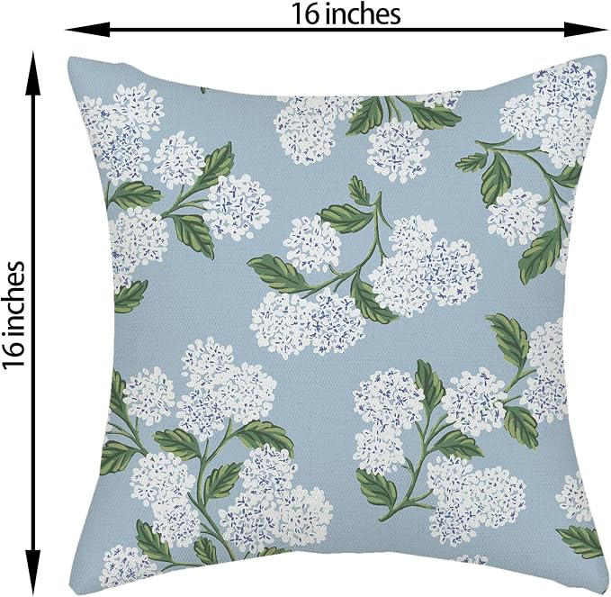 Light Blue Pillow Covers 16x16 Inch 2 Pcs Blue Green Hydrangea Flower Decor Throw Pillows Vintage Floral Seasonal Spring Summer Outdoor Decoration Pillowcase Linen Cushion Cover for Couch Sofa