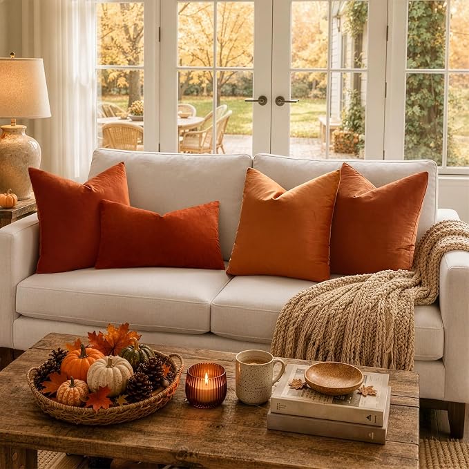 MIULEE Velvet Fall Throw Pillow Covers 12x12 Inch Pack of 2 Burnt Orange | Soft Solid Small Decorative Pillow Covers, Modern Luxury Home Decor, for Couch Chair Sofa Bedroom Livingroom Car