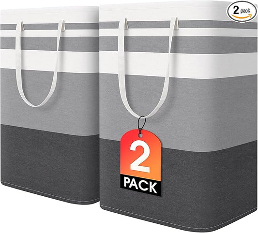 HomeHacks 2 Pack Large Laundry Baskets, Laundry Hampers Bags (Grey 75Lx2) | Waterproof, Freestanding, Collapsible Clothes Hamper with Reinforced Handles in Laundry Room, Dorm, Bathroom, Bedroom