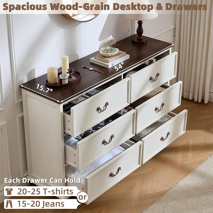 Joaxswe Farmhouse 6 Drawers Dresser for Bedroom, Vintage 54" Wide Chest of Drawers w/ 4 Wooden Legs, Rustic Large Closet Storage Dressers Organizer for Hallway, Wood TV Stand for Living Room, White