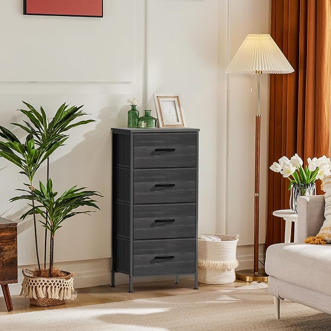 DUMOS Nightstand, Bedside Table with 4 Fabric Drawers | Night Stand with Removable Bins, Steel Frame Wood Top, Small Dresser for Bedroom Closet