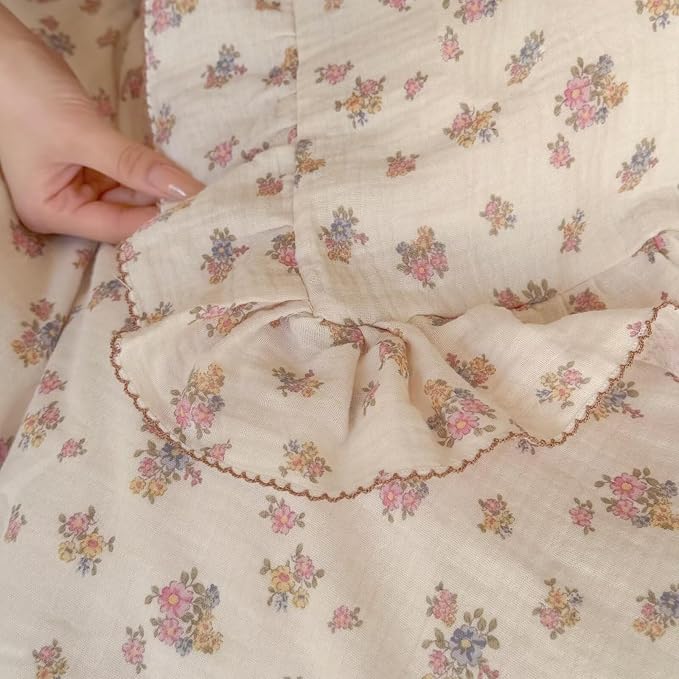 2 Layers Muslin Cotton Duvet Cover for Full Bed, Chic Ruffles Tuberose Floral Pattern Comforter Cover Twin Children Bedding Quilt Covers, No Pillow Case, Zipper Cloruse, 4 Ties