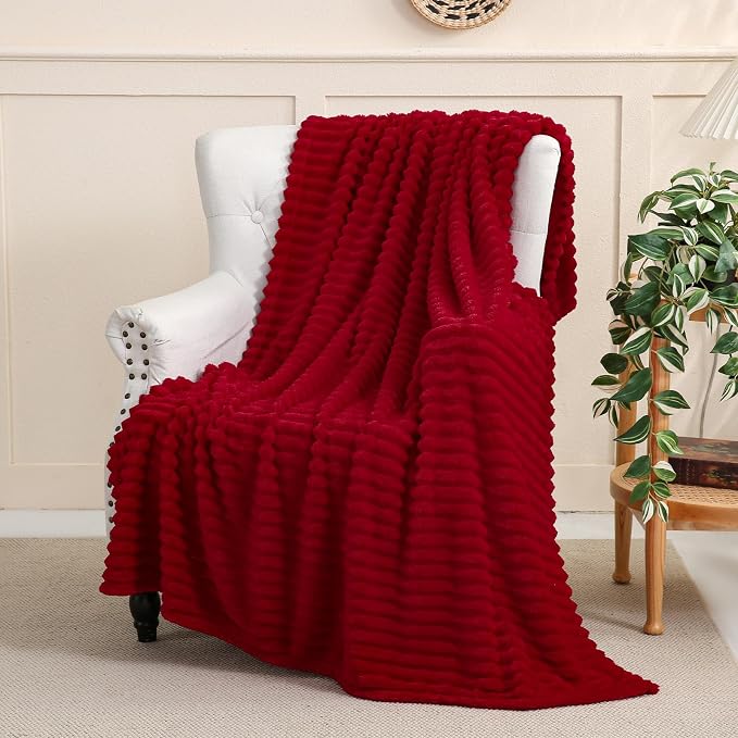 Red Fleece Throw Blanket 60”×80” for Couch Sofa Livingroom | Super Soft Cozy Plush Microfiber Flannel Bed Blanket Striped Design Lightweight Home Decor Gifts for Adults Mom Women