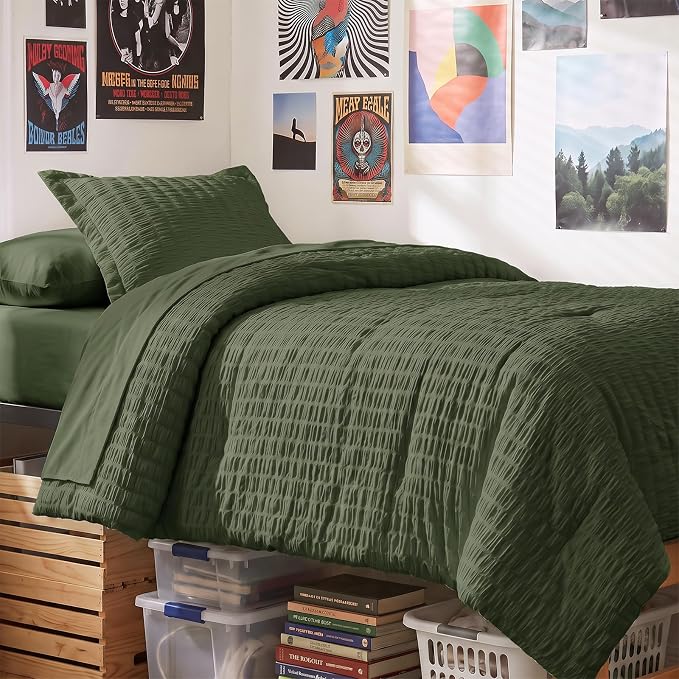 Twin XL Comforter Set, 5 Pieces Olive Green Seersucker Bed in a Bag | OEKO-TEX Certified, College Dorm Twin Extra Long, 240 GSM Down Alternative Comforter, Flat & Fitted Sheets, Pillowcase & Sham