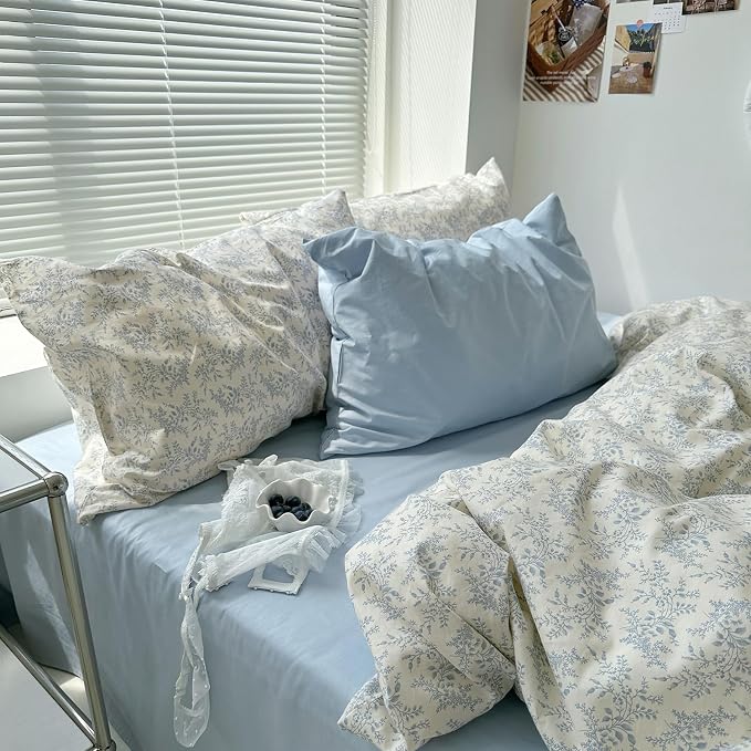 mixinni Blue Floral Duvet Cover Queen Size - 100% Cotton Soft Boho Comforter Cover with Zipper Closure 4 Ties, 3-Piece Vintage Aesthetic Botanical Bedding Set with 2 Pillowcases, All Season Bed Set