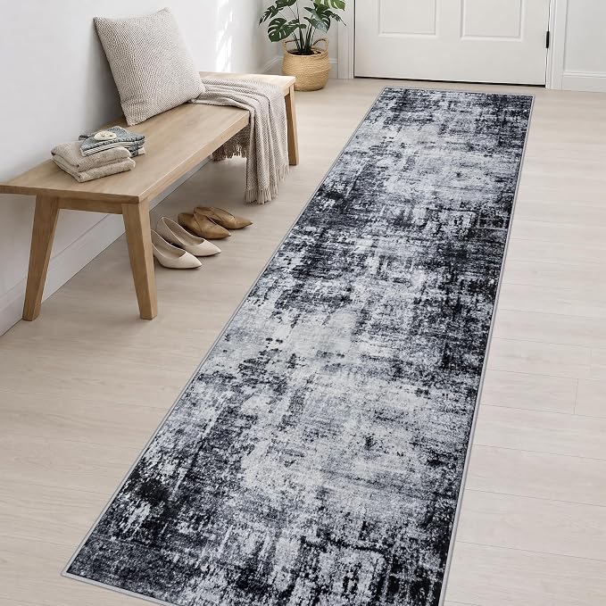 2.6x14 Washable Runner Rug:Modern Abstract Soft Carpet Dark Black | For Hallway, Bedroom, Kitchen, Laundry, Bathroom,Door Mat,Modern Abstract,Machine washable,Non-Slip,Stain Resistant,Indoor