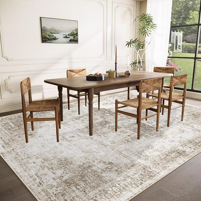 Area Rug 8x10 Washable Rug, Vintage Boho Medallion Rugs Non-Slip Soft Low Pile Large Distressed Rug Indoor Retro Carpet for Living Room Bedroom Dining Room Home Office (Taupe, 8'x10')