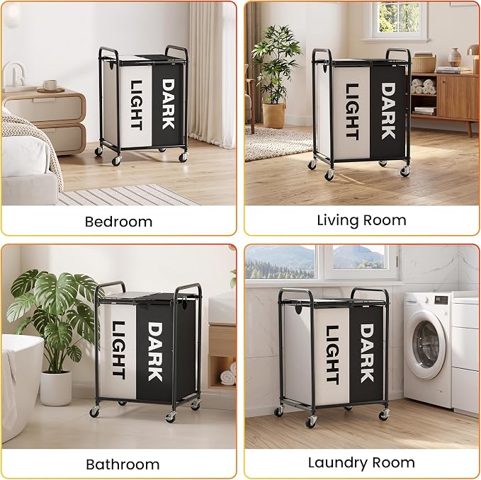 120L Laundry Sorter 2 Section, Rolling Laundry Basket with Wheels ＆ Lid | 31.7 Gal Laundry Hamper, 2 Separated Removable Bags, Dirty Clothes Hamper for Laundry Room, Bedroom, Multicolored
