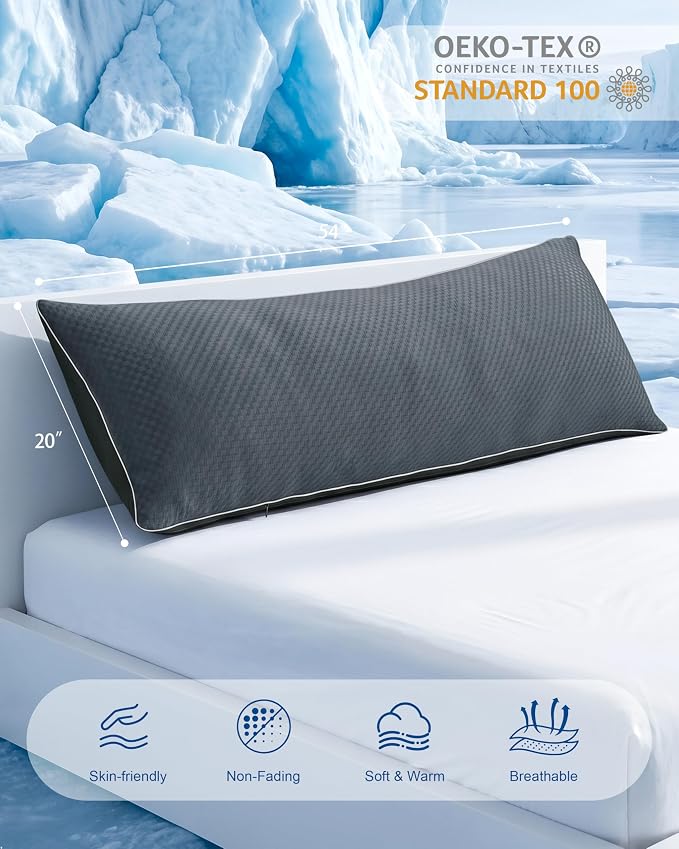 YZ HOME Cooling Body Pillow for Adults with Washable Pillowcase | Long Pillow for Bed with Memory Foam Insert，Adjustable, Soft Support for Side Sleeper, Pregnant(Grey, 20x54Inch)