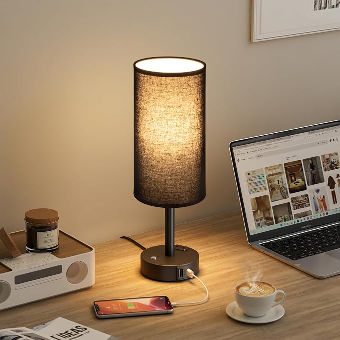 Black Touch Bedside Lamp for Bedroom, Stepless Dimmable, USB A+C, AC Outlet | Base Touch Button Only, Memory Brightness, Ultra-dim Night Light, Included Bulb for Optimal Dimming, Black Fabric Shade, Desk