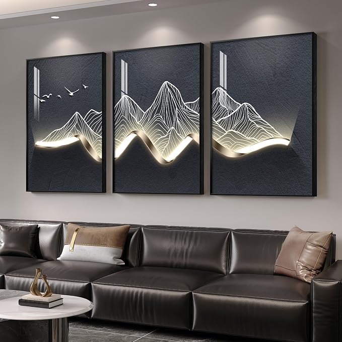 Large Framed Modern Abstract Mountain Wall Art for Living Room, 3 Piece Contemporary Minimalist Prints Paintings, Elegant Luxury Pictures for Entryway, Bedroom, Home Office Wall Decor 24x36 In