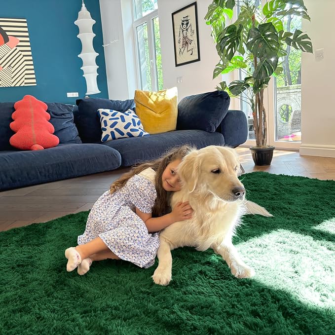 OLANLY 2x4 Machine Washable Runner Rugs for Hallway, Soft Fluffy Shaggy Bedside Rugs for Bedroom, Living Room, Indoor Floor Carpet for Kids Girls Boys, Nursery Rooms, Home Decor Aesthetic, Dark Green